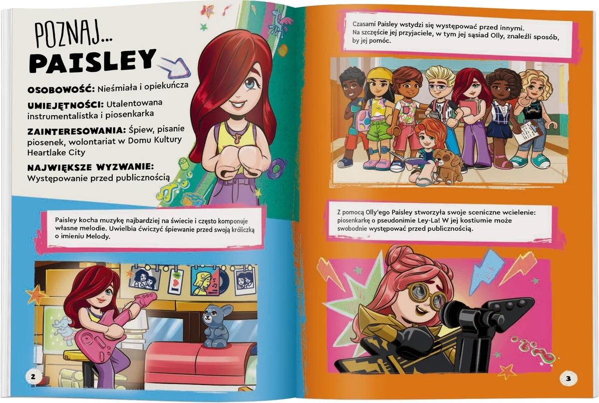 Strona książki z postacią Paisley. Kocha muzykę i śpiew. Są też przyjaciele i scena.
