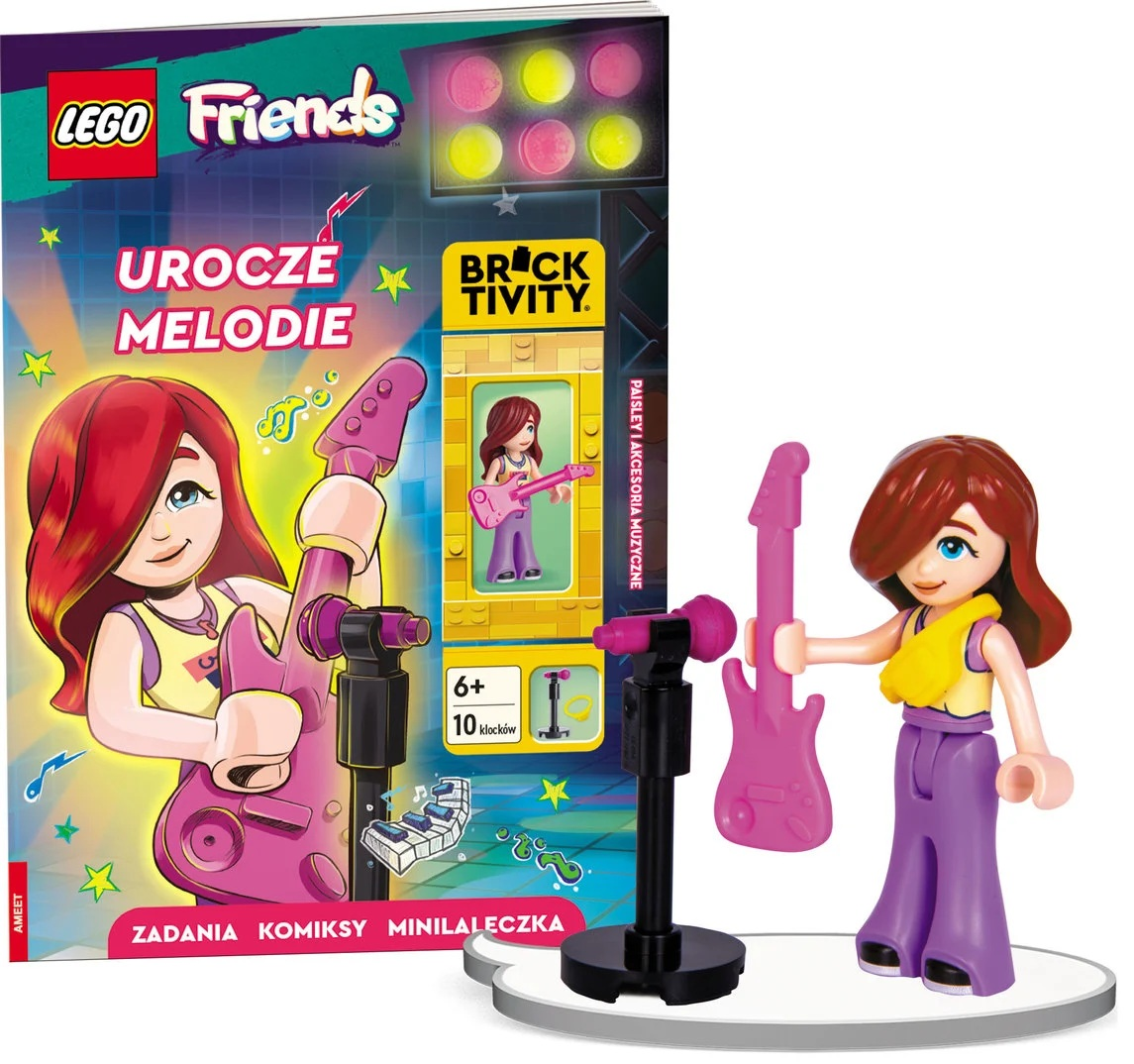 Zestaw Lego Friends. Figurka dziewczynki z różową gitarą i mikrofonem. Okładka książki z dziewczynką grającą na gitarze. Oświetlenie sceniczne w tle.