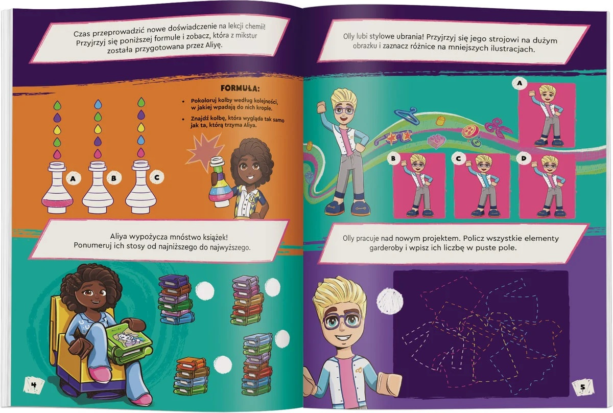 Kolorowa strona edukacyjna. Zawiera ilustracje postaci, sprzętu laboratoryjnego i projektów odzieży z instrukcjami i ćwiczeniami.