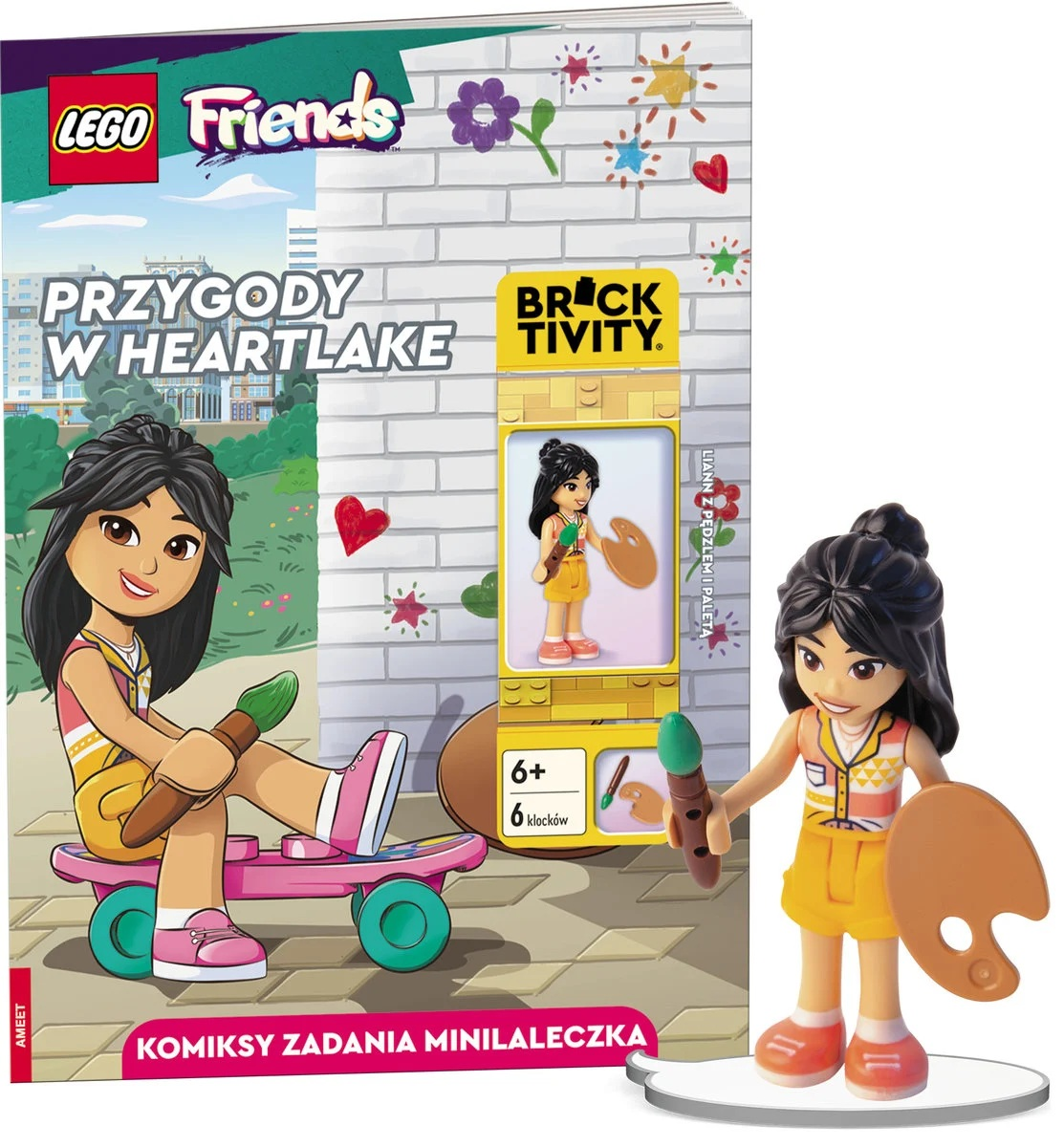 Zestaw Lego Friends z figurką dziewczynki, pędzlem i paletą. Okładka książki przedstawia dziewczynkę na deskorolce. Również mini-figurka.