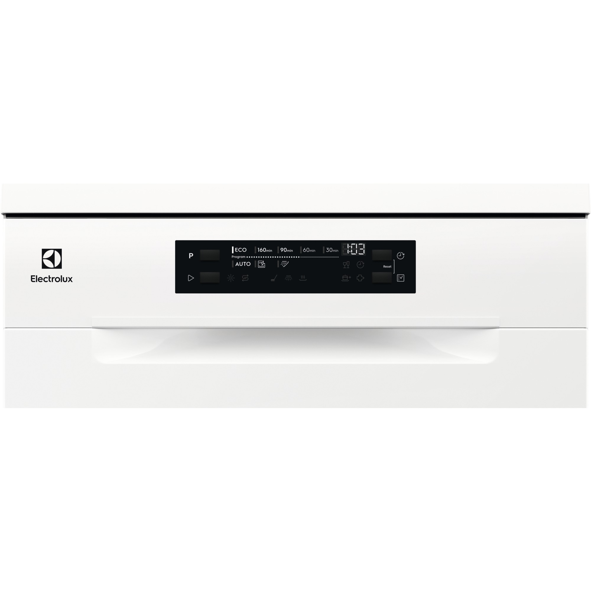 Beyaz bir Electrolux bulaşık makinesi kontrol paneli. Farklı yıkama döngüleri ve ayarları için dijital ekran, düğmeler ve simgeler.