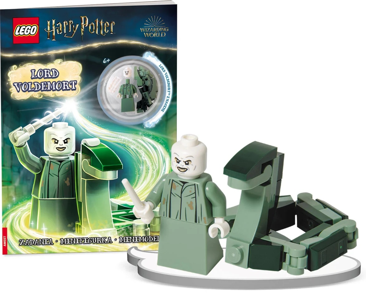 Zestaw Lego Harry Potter. Zawiera minifigurkę Lorda Voldemorta i węża. Zawiera książkę z Voldemortem na okładce.
