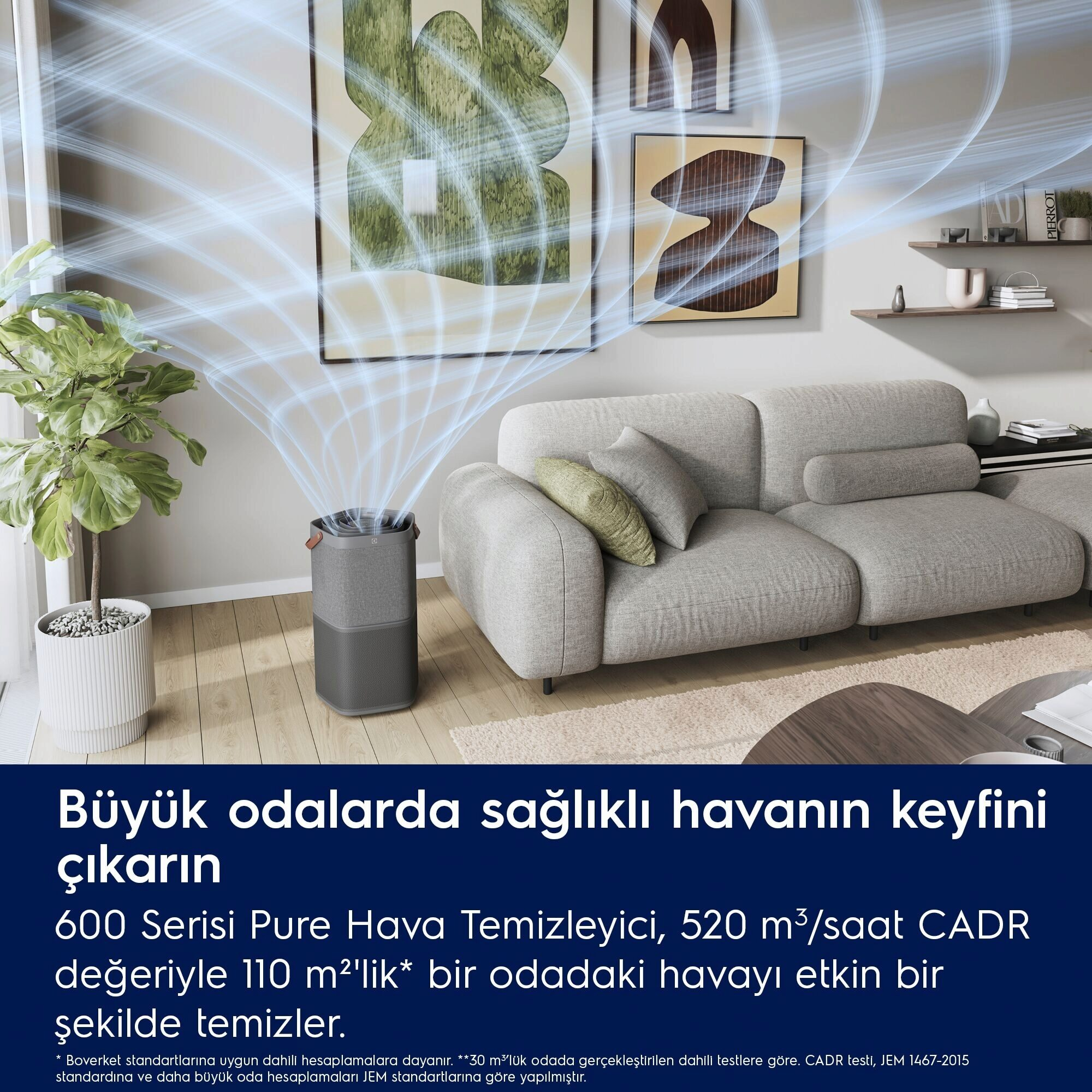 Hava akış hatları olan bir hava temizleyici. Arka planda bir kanepe, bitkiler ve tablolar var.