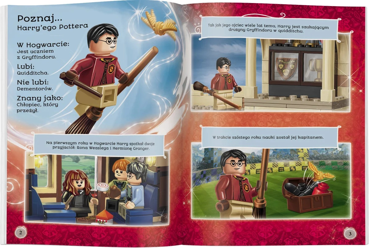 Lego Harry Potter na miotle. Książka pokazuje Harry'ego z przyjaciółmi i scenami Quidditcha.