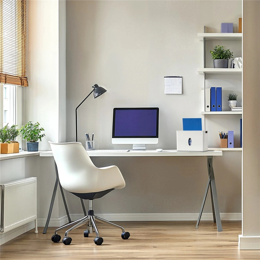 Nowoczesna przestrzeń biurowa z białym biurkiem, krzesłem i komputerem. Okno z żaluzjami, półki z roślinami i plikami dopełniają scenę.