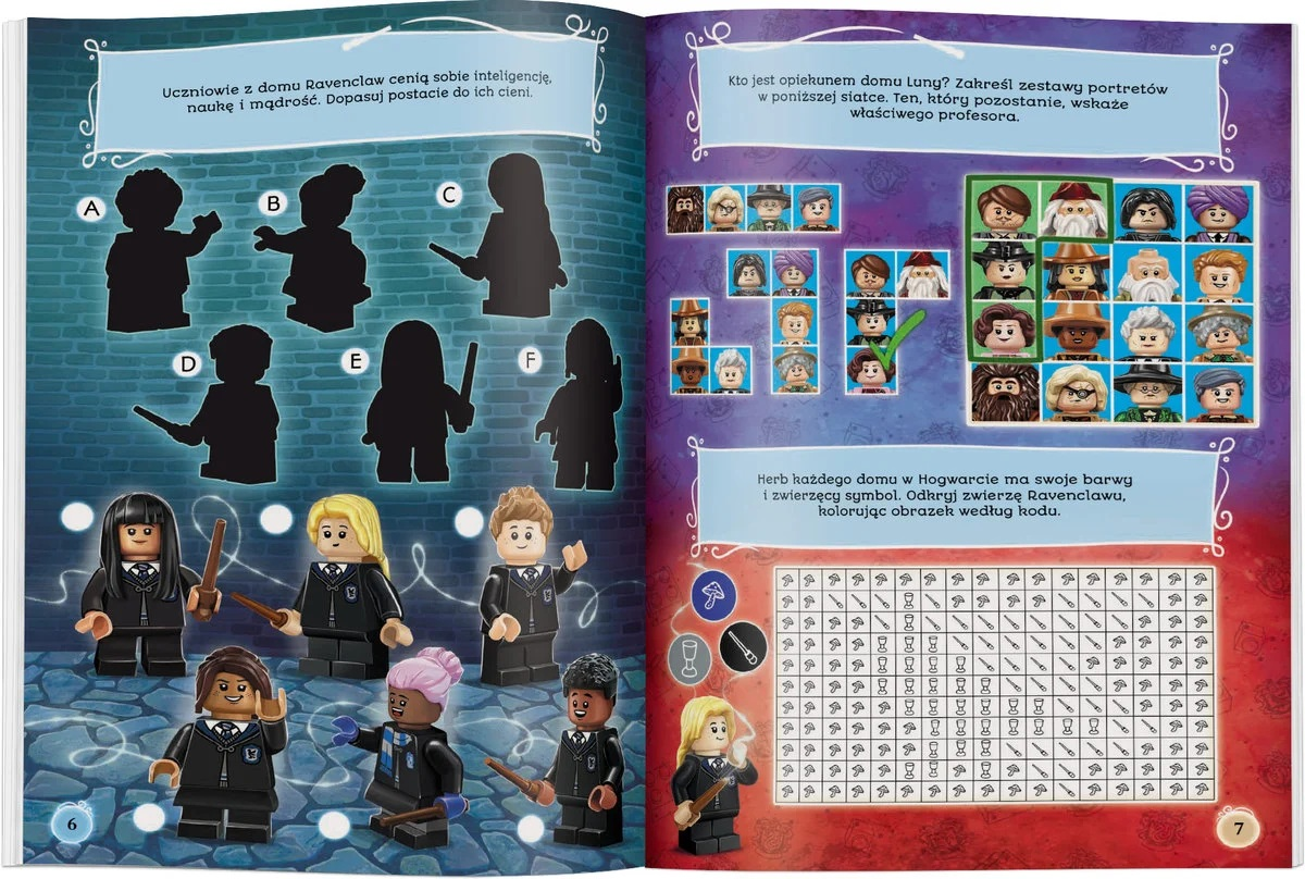 Otwarta książka z zagadkami. Uczniowie z różdżkami. Dopasowywanie cieni postaci. Portrety ludzi. Kolorowanka z ikonami.