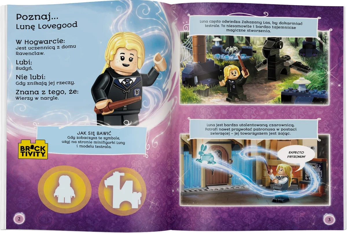 Lego Luna Lovegood z różdżką. Jest w Hogwarcie, lubi budyń i nie lubi znikających rzeczy. Wierzy w nargle.