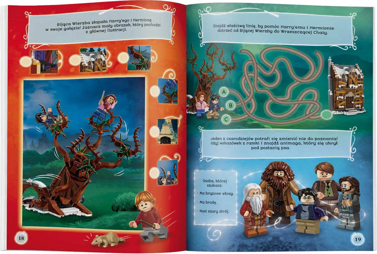 Scena Lego z Harrym i Hermioną, Wierzbą Bijącą, labiryntem i różnymi postaciami. Scena pochodzi z książki o Harrym Potterze.