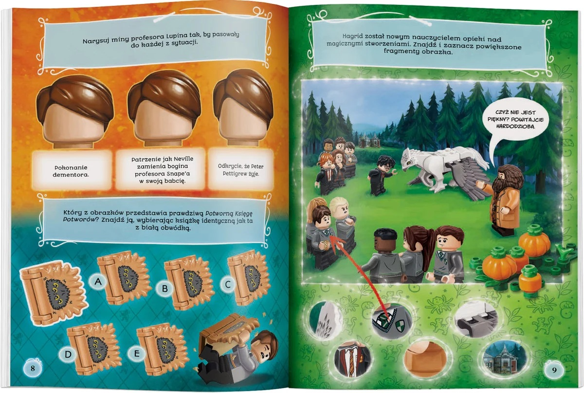 Strona z książki z figurkami Lego, w tym Hagridem i Harrym Potterem, otoczona tekstem i ilustracjami.