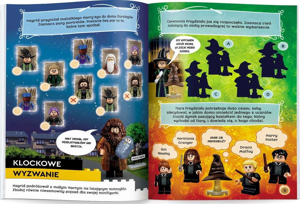 Strona Lego Harry Potter z postaciami. Hagrid trzyma małego Harry'ego. Kapelusz przydziału i sylwetki uczniów są pokazane.