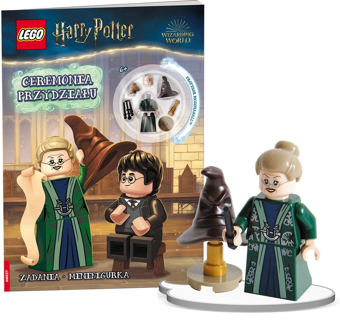 Zestaw Lego Harry Potter. Książka z tytułem, plus figurki Lego profesor McGonagall, Harry'ego Pottera i Tiary Przydziału.