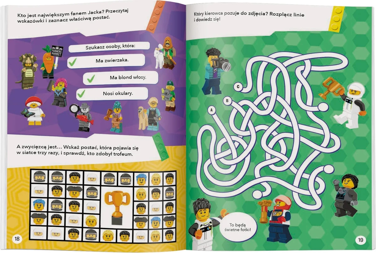 Otwarta książka z figurkami Lego i labiryntem. Polecenia tekstowe identyfikujące postacie i rozwiązujące labirynt.