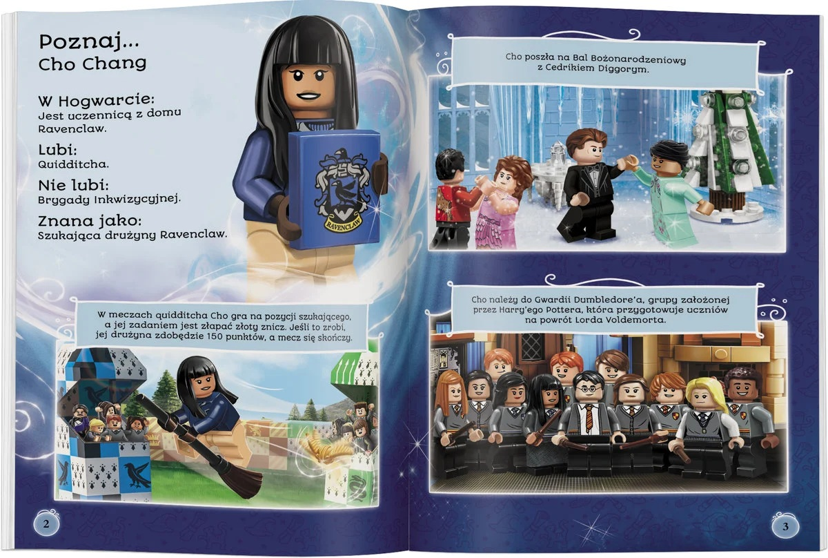 Lego Cho Chang trzymająca książkę Ravenclaw, z innymi postaciami Lego. Tekst po polsku opisuje ją i scenę Quidditcha.
