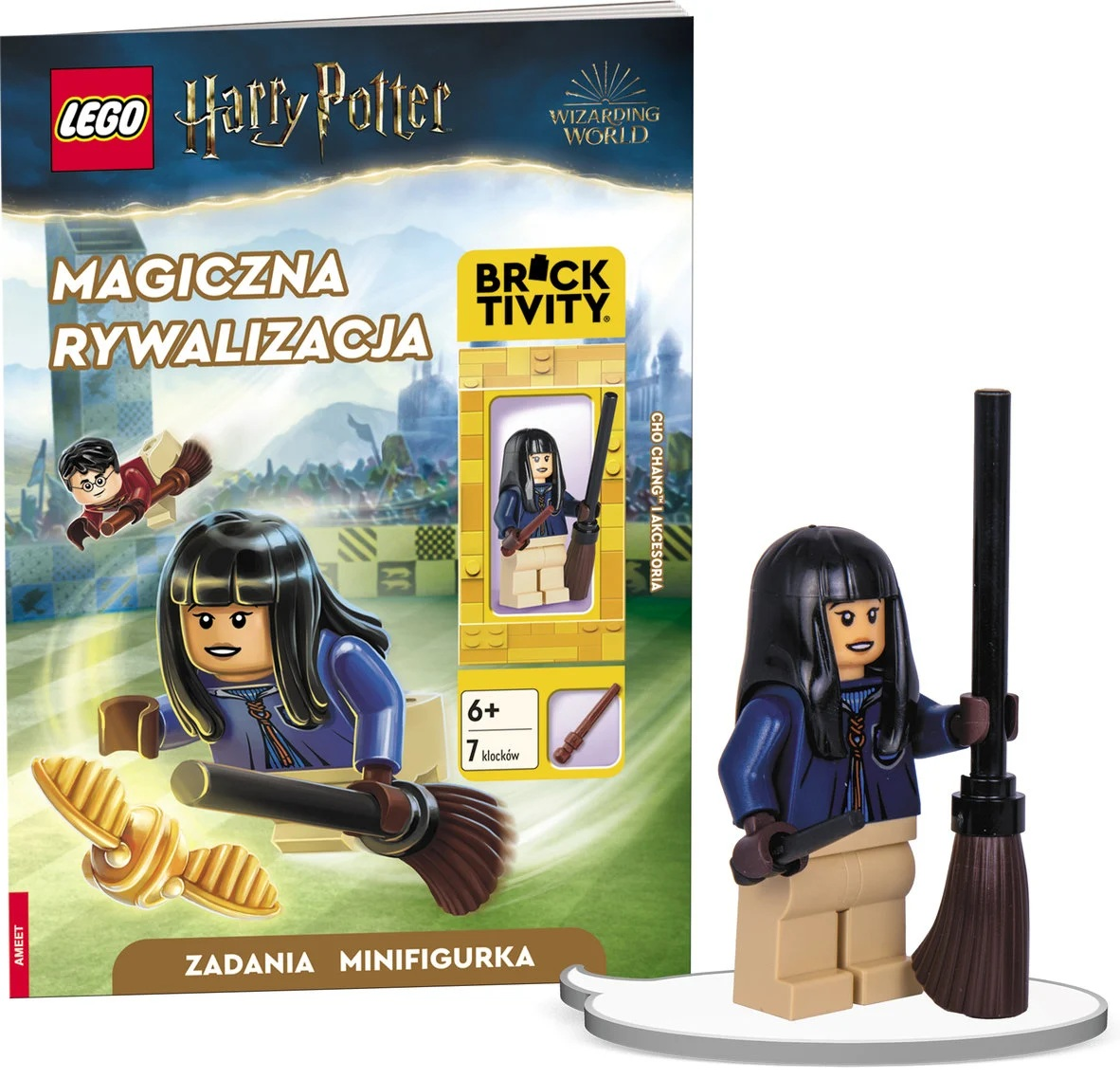 Zestaw Lego z Harrym Potterem. Przedstawia Cho Chang z miotłą i okładką książki. Na okładce jest złoty znicz.