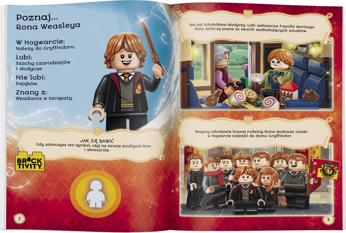 Lego Ron Weasley z różdżką, herb Gryffindoru. Książka pokazuje słodycze, inne figurki Lego, tekst po polsku.