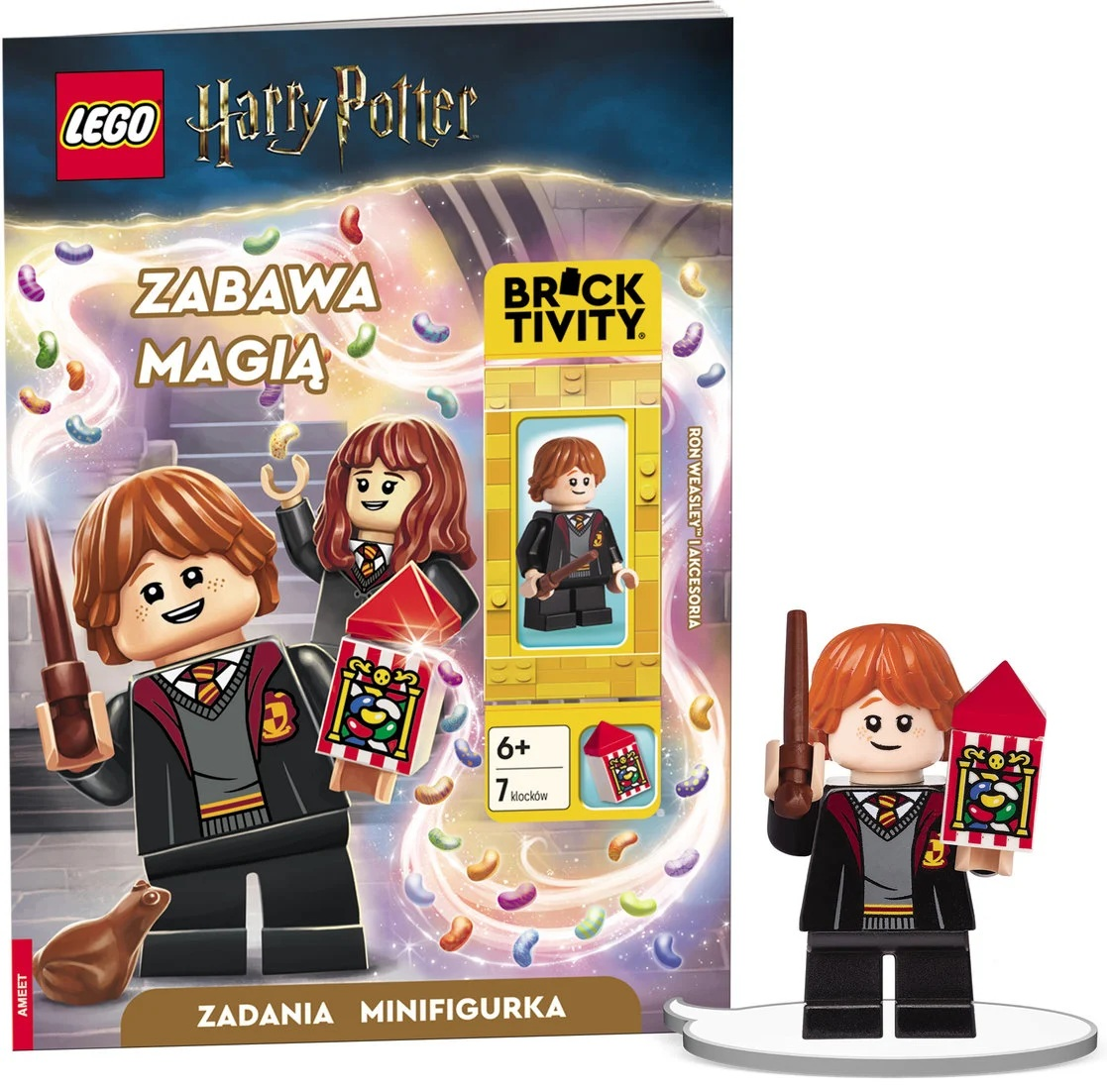 Książka Lego Harry Potter z minifigurką Rona Weasleya. Książka pokazuje figurki Lego Rona i Hermiony. Zawiera słowa 'Zabawa Magia'.