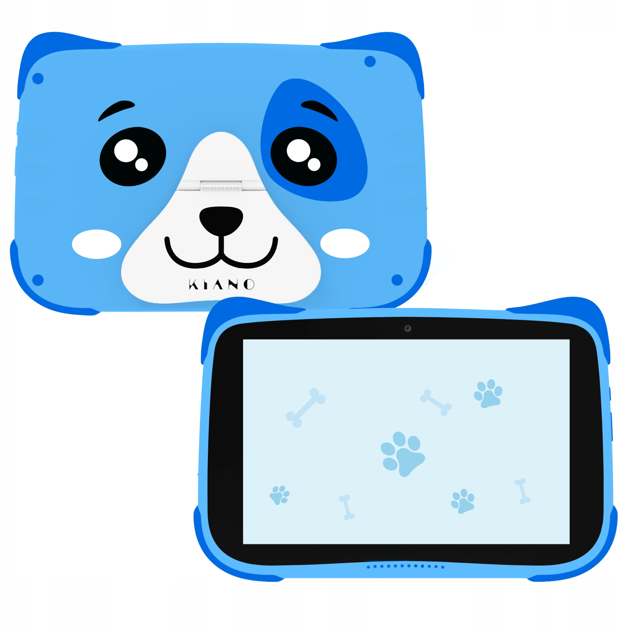 Niebieskie etui na tablet w kształcie psiej twarzy, z ekranem wyświetlającym odciski łap i kości. Marka to Kiano.