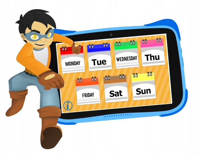 Kreskówkowy superbohater wskazuje na tablet z kalendarzem. Kalendarz wyświetla dni tygodnia, z wyróżnieniem każdego dnia.
