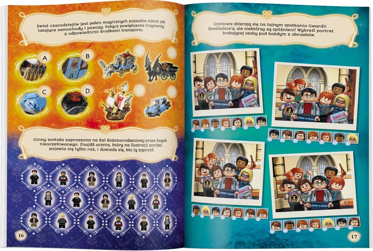 Otwarta strona książki z ilustracjami postaci Harry'ego Pottera i magicznych pojazdów. Tekst w języku polskim towarzyszy obrazom.