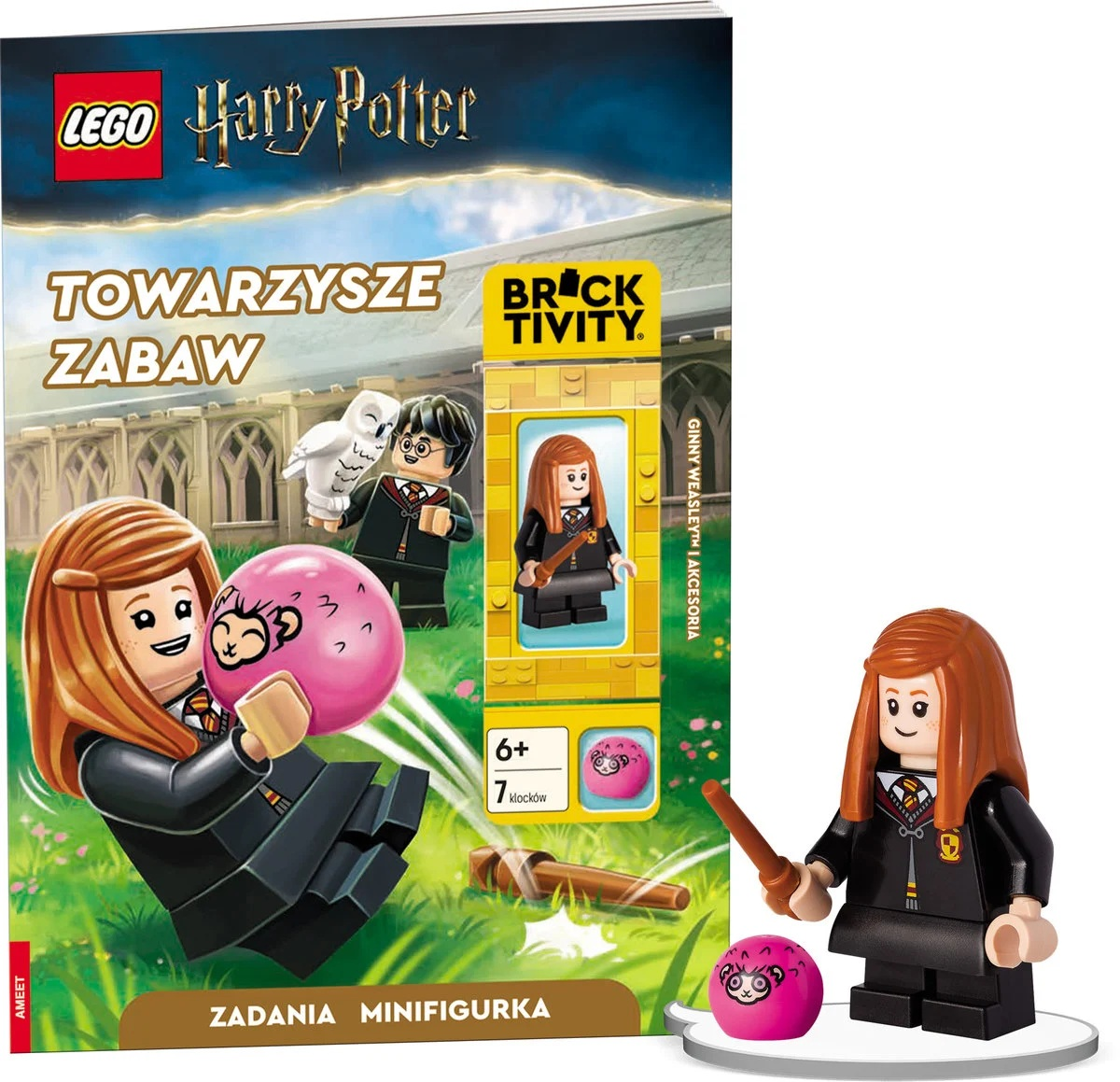 Zestaw Lego Harry Potter. Okładka książki z Ginny Weasley, różową piłką i figurką Lego. Pokazano również oddzielną figurkę i piłkę Lego.