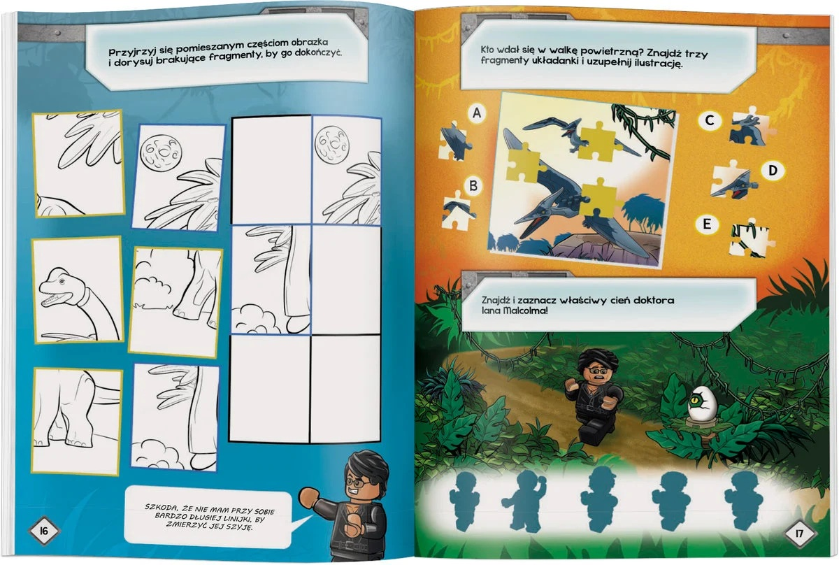 Strona książki z niekompletnymi rysunkami, puzzlami i figurką Lego. Tekstowe instrukcje dotyczące uzupełniania rysunków i rozwiązywania zagadki cieni.