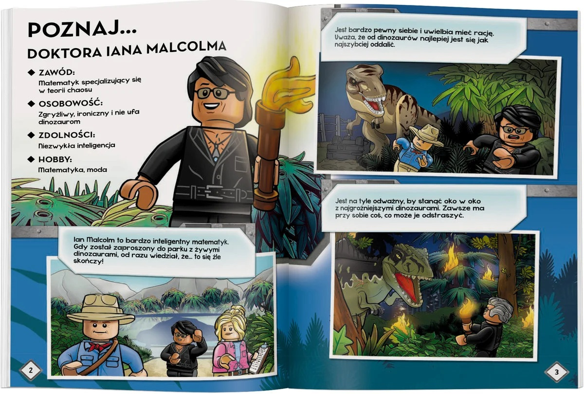 Ilustracja w stylu Lego dr. Iana Malcolma z tekstem o jego zawodzie, osobowości i hobby, z obrazami dinozaurów.