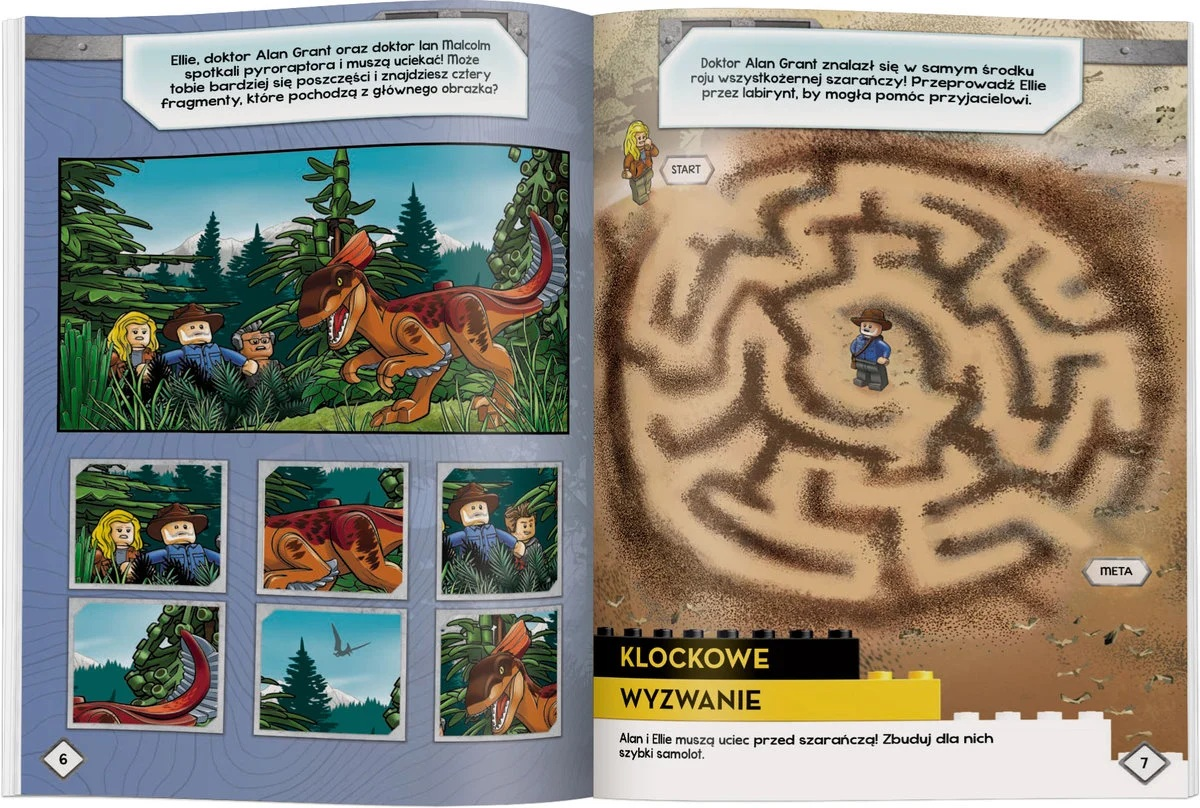 Strona z dinozaurem, ludźmi i labiryntem. Tekst zawiera instrukcje i wyzwanie budowy samolotu.