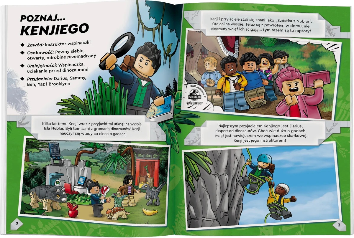 Postacie Lego w książce. Kenji z lupą, inni z dinozaurami i wspinający się. Tekst po polsku.