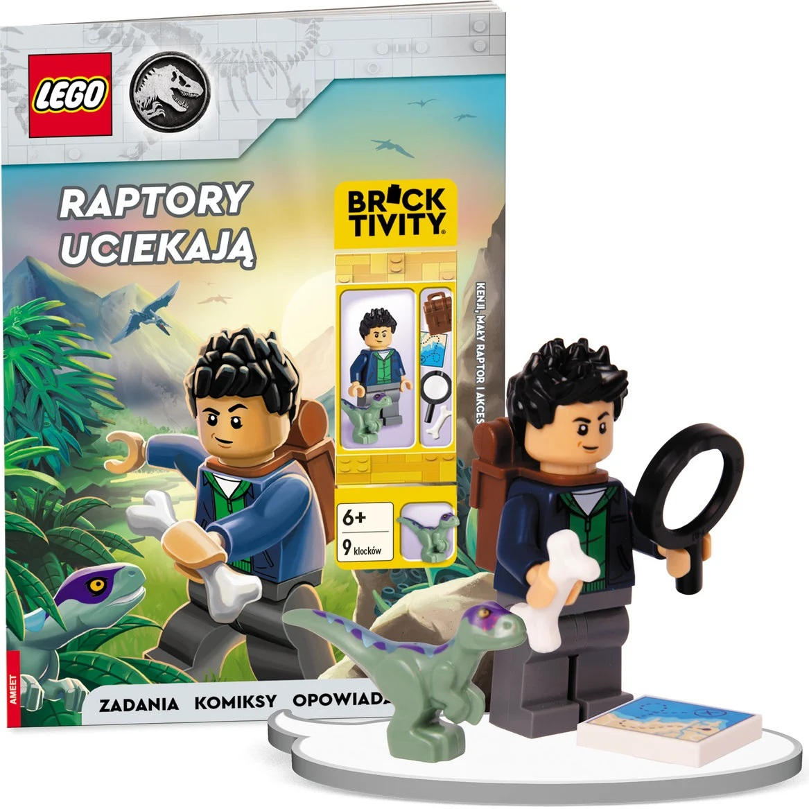Zestaw Lego z książką, dwiema minifigurkami, dinozaurem, lupą i kością. Tytuł książki: 'Raptory Uciekają'.