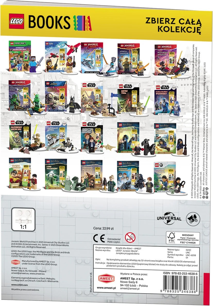 Ekspozycja książek LEGO z różnymi zestawami. Zawiera Star Wars, Ninjago i Harry Potter. Cena to 22,99 zł.