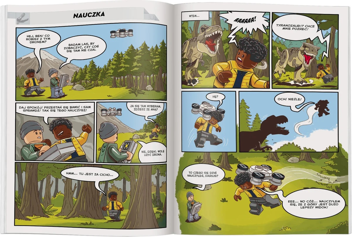 Komiks z dziećmi i dinozaurami. Jedno dziecko używa drona, inni się boją. Dialogi w dymkach.
