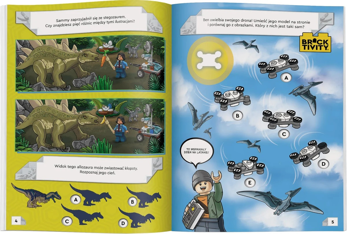 Strona książki dla dzieci z dinozaurami, osobą i dronami. Ma tekst w języku polskim.