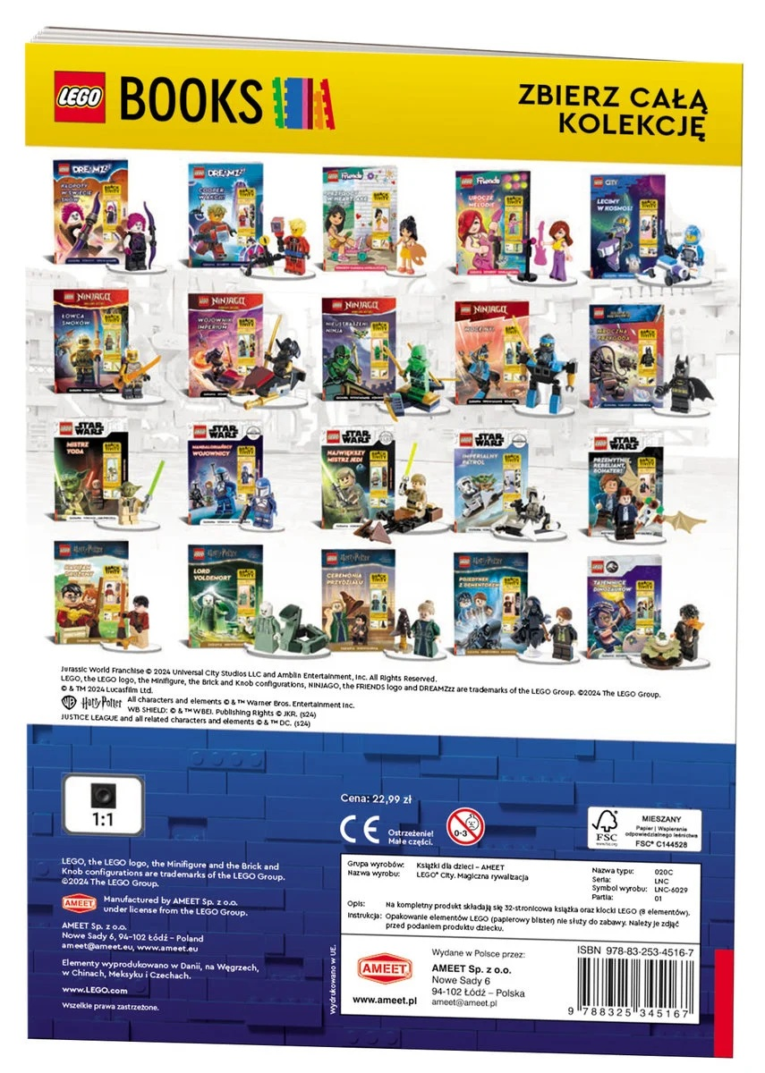 Reklama książek LEGO. Pokazuje okładki książek LEGO z figurkami LEGO i logo LEGO.