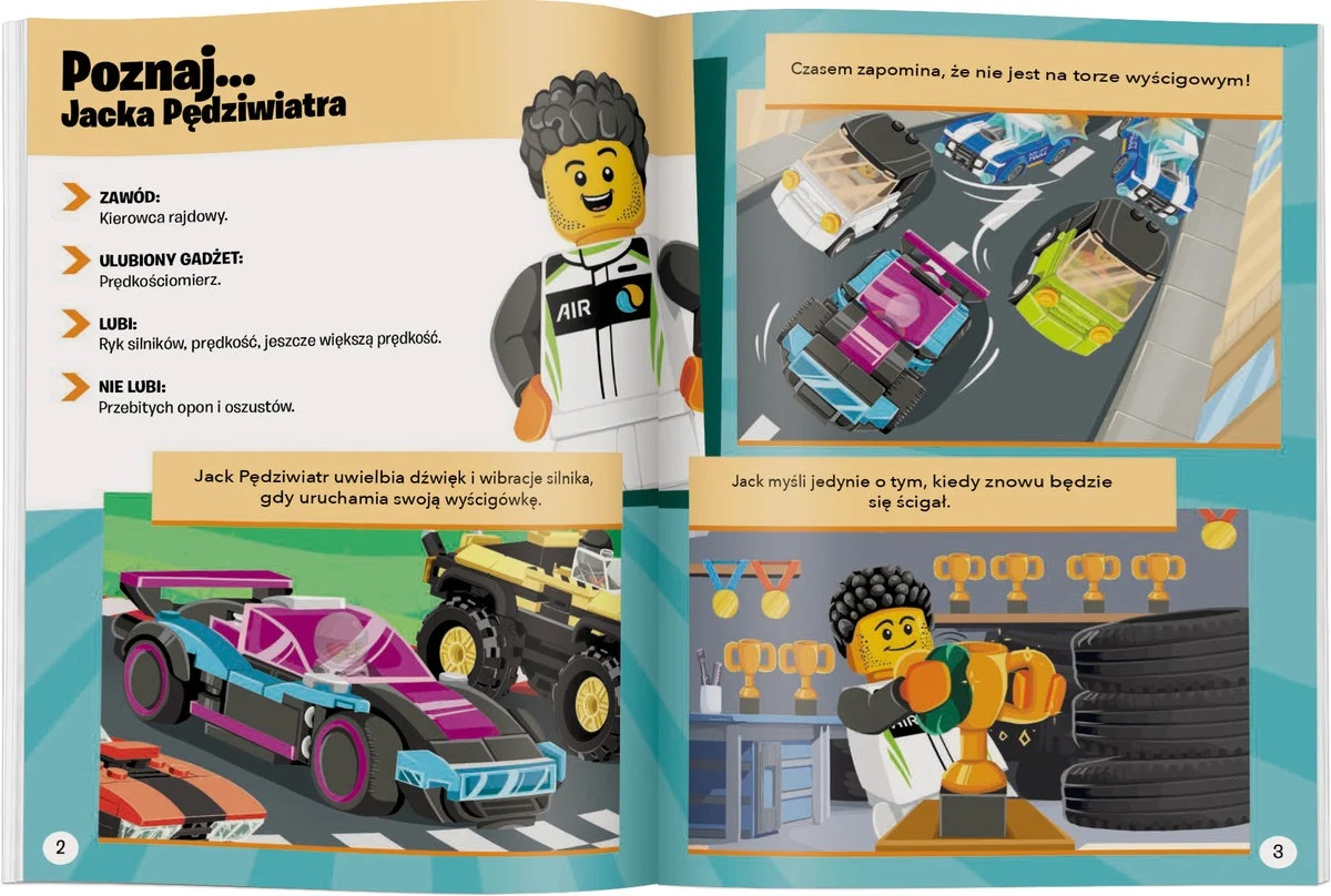 Strona komiksu z figurką Lego i samochodami wyścigowymi. Jedna postać trzyma trofeum, inne samochody ścigają się na torze.