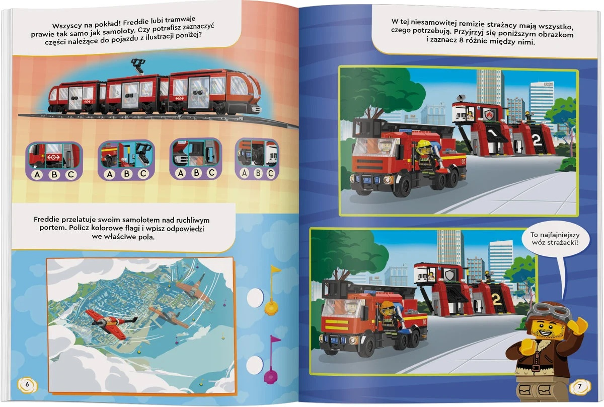 Strona z książki dla dzieci. Pokazuje pociąg, samoloty, wozy strażackie i figurki Lego w scenerii miejskiej.