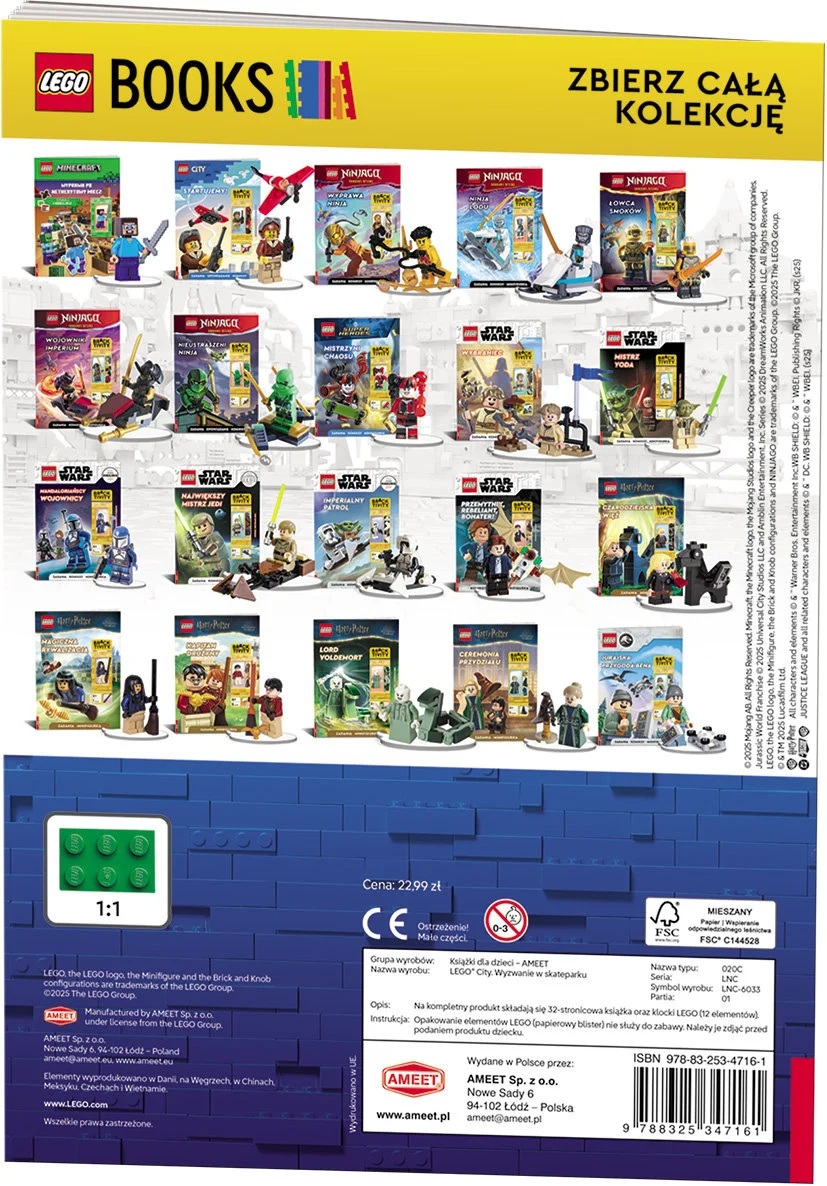 Wystawa książek LEGO z różnymi motywami, takimi jak Minecraft, Ninjago i Star Wars. Zawiera metkę z ceną i klocki LEGO.