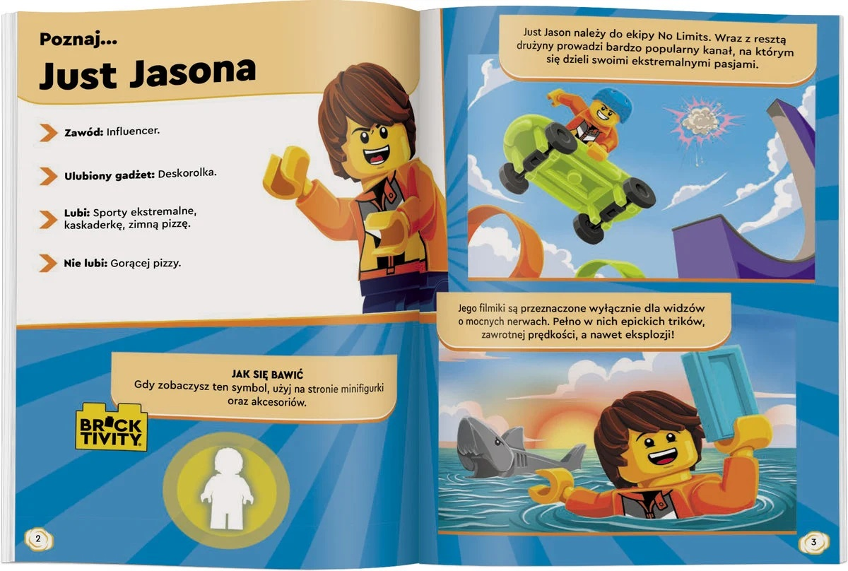 Postać Lego na stronie książki. Strona zawiera tekst o zainteresowaniach postaci i jej zdjęcie na deskorolce.