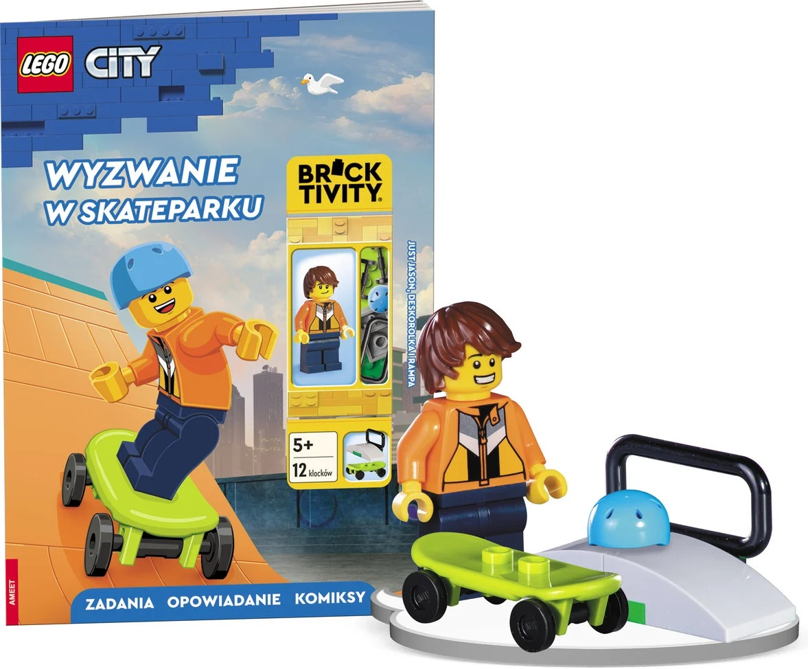 Książka Lego City z figurkami skaterów. Figurka dziecka na deskorolce, rampa i tekst po polsku. Mewa w tle.