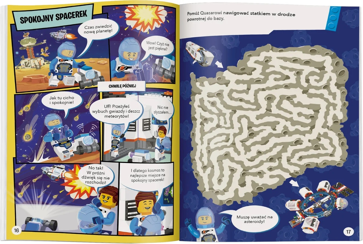 Rozkładówka komiksu przedstawia scenę kosmiczną. Astronauci w akcji i dymki z polskim tekstem. Labirynt i szczegóły statku kosmicznego.