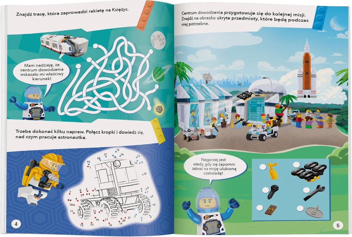 Scena Lego: rakieta, astronauta, labirynt, budynek, pojazdy, ludzie i ukryte przedmioty. Instrukcje i dymki obecne.