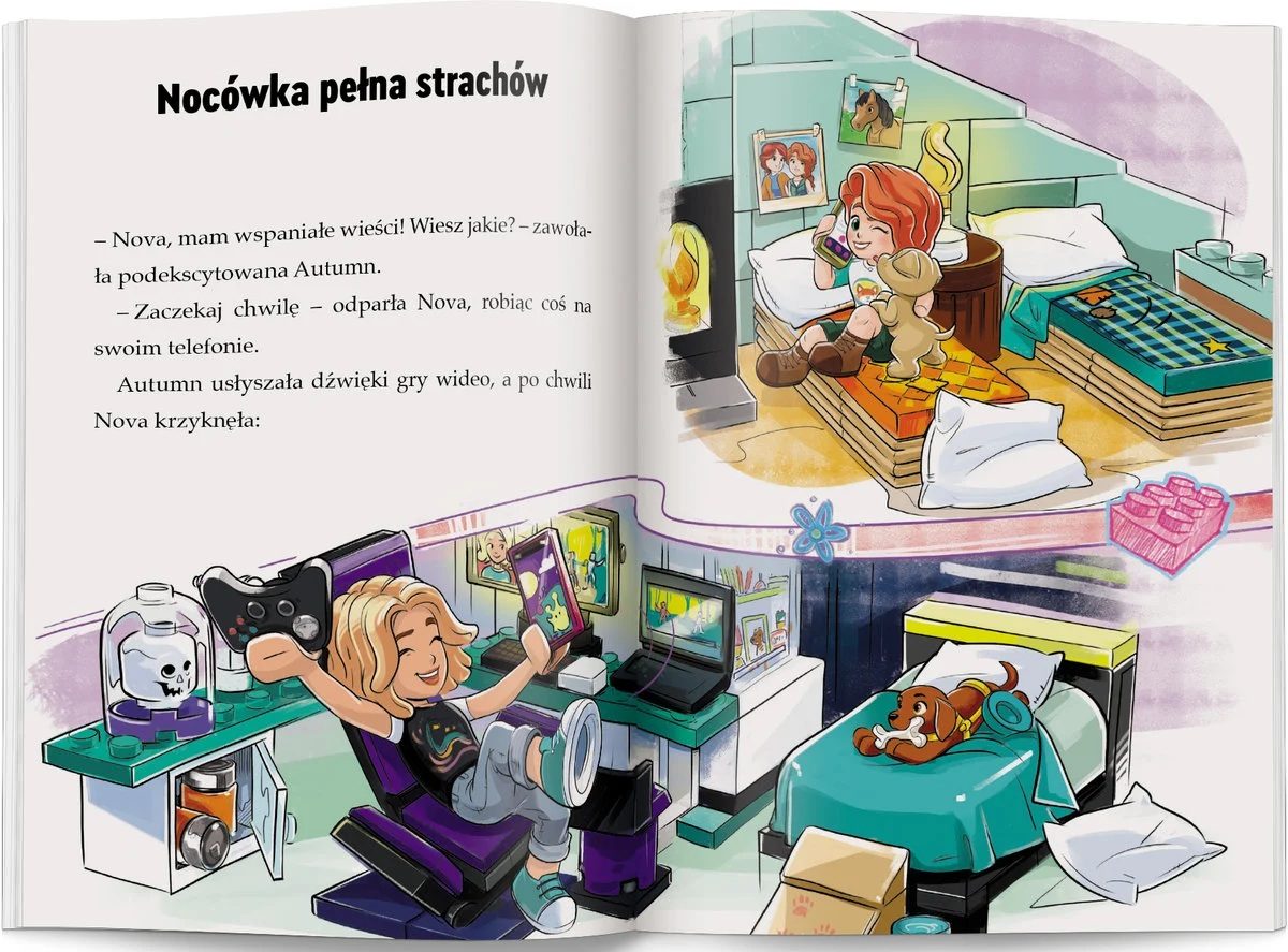 Ilustracja przedstawia dwie dziewczyny w pokojach. Jedna na łóżku z psem, druga na krześle do gier. Obie mają telefony.