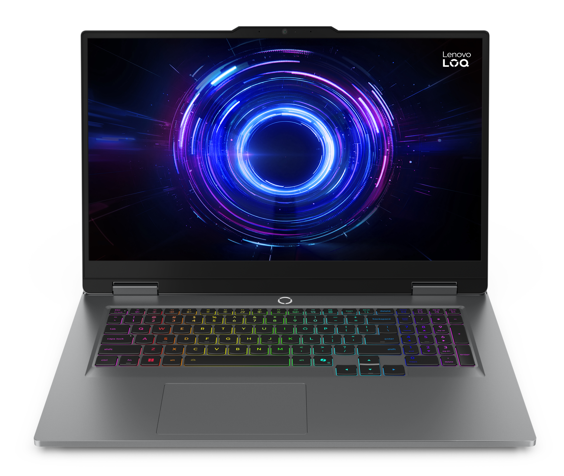 Laptop z podświetlaną klawiaturą. Ekran wyświetla niebieski i fioletowy abstrakcyjny wzór. Logo Lenovo LOQ u góry.