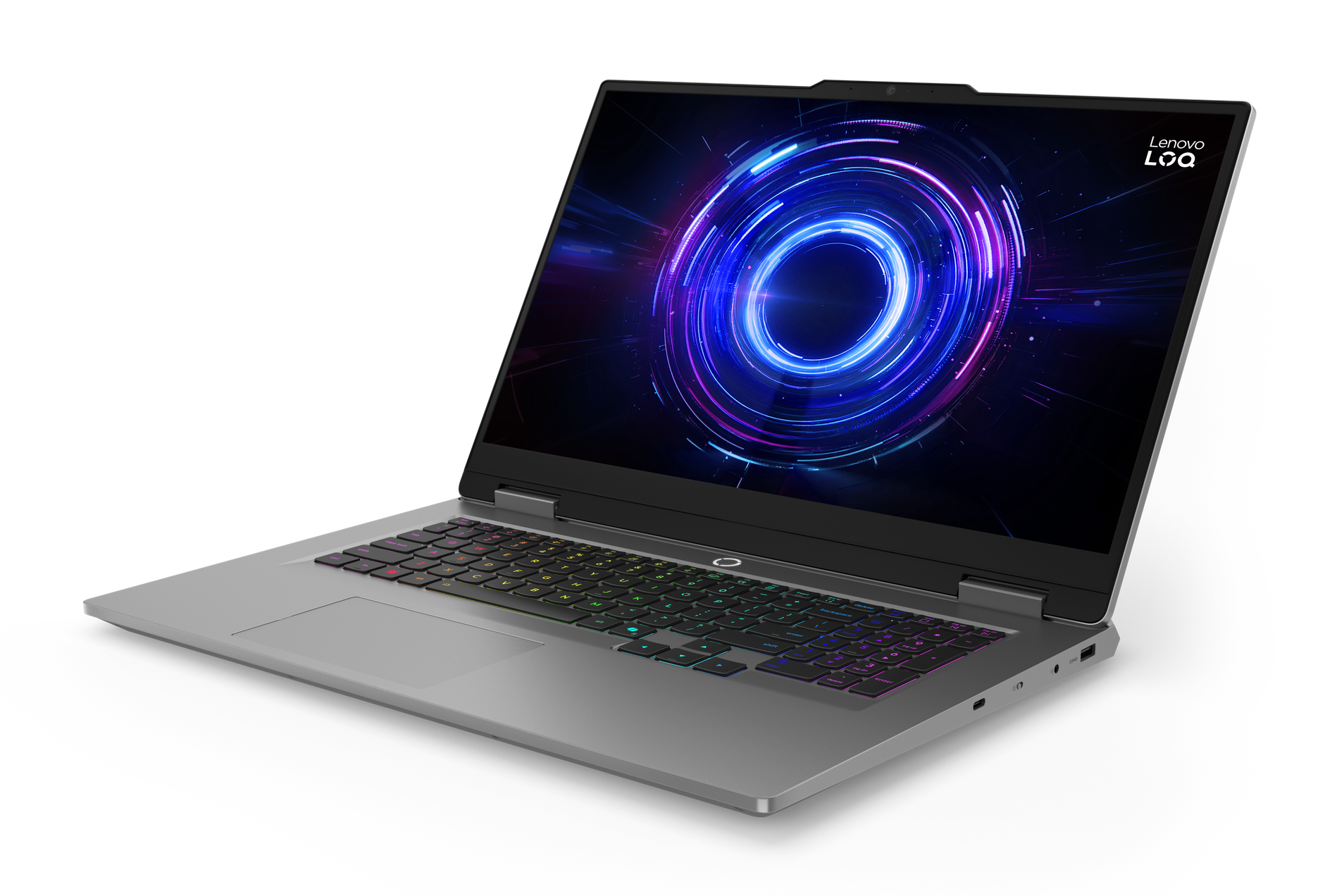 Laptop Lenovo na czarnym tle. Ekran wyświetla kolorowy, świecący wzór. Klawiatura jest podświetlona.