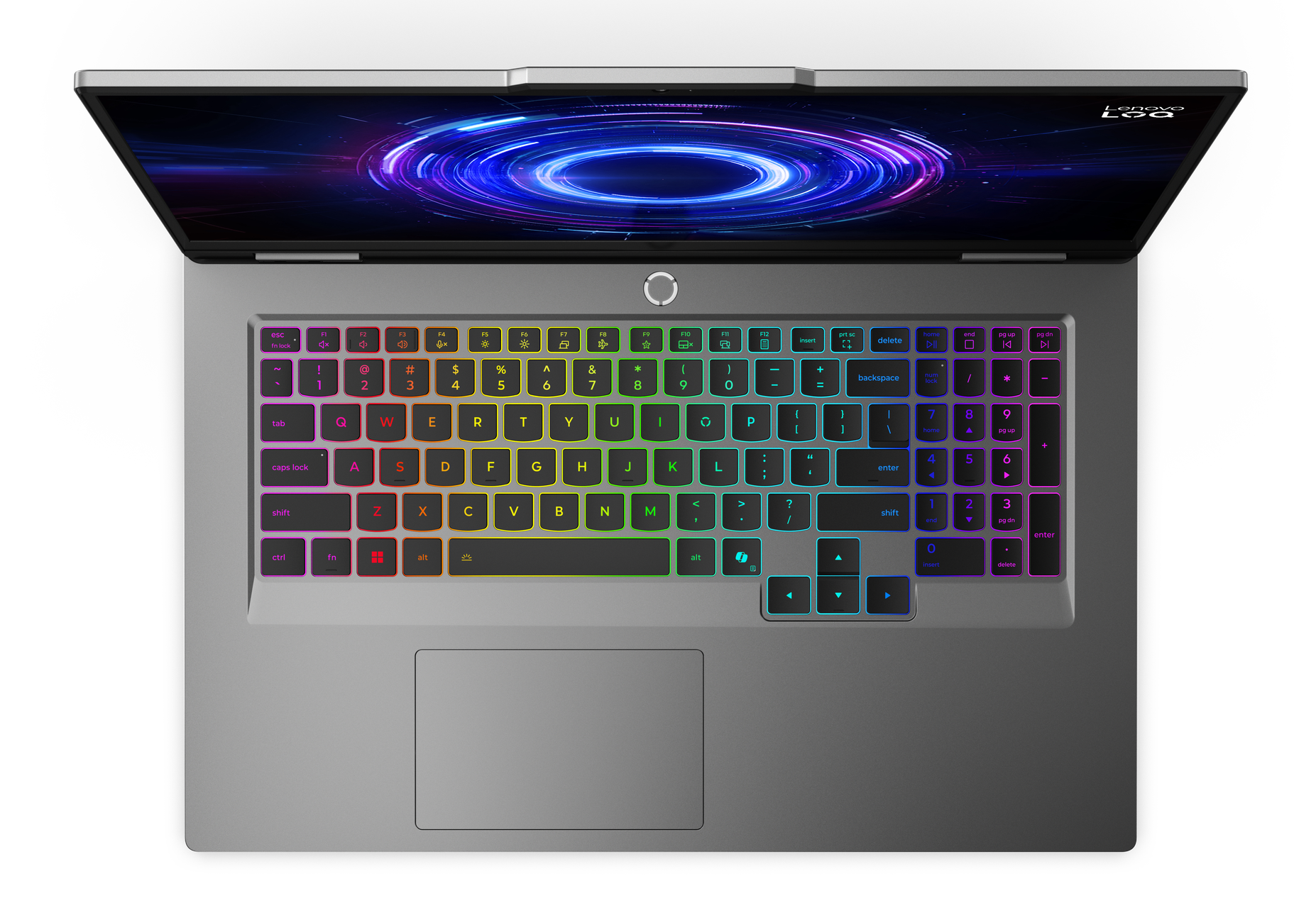 Laptop, widok z góry, otwarty. Klawiatura z tęczowym podświetleniem. Ekran z niebiesko-fioletowym wirkiem.