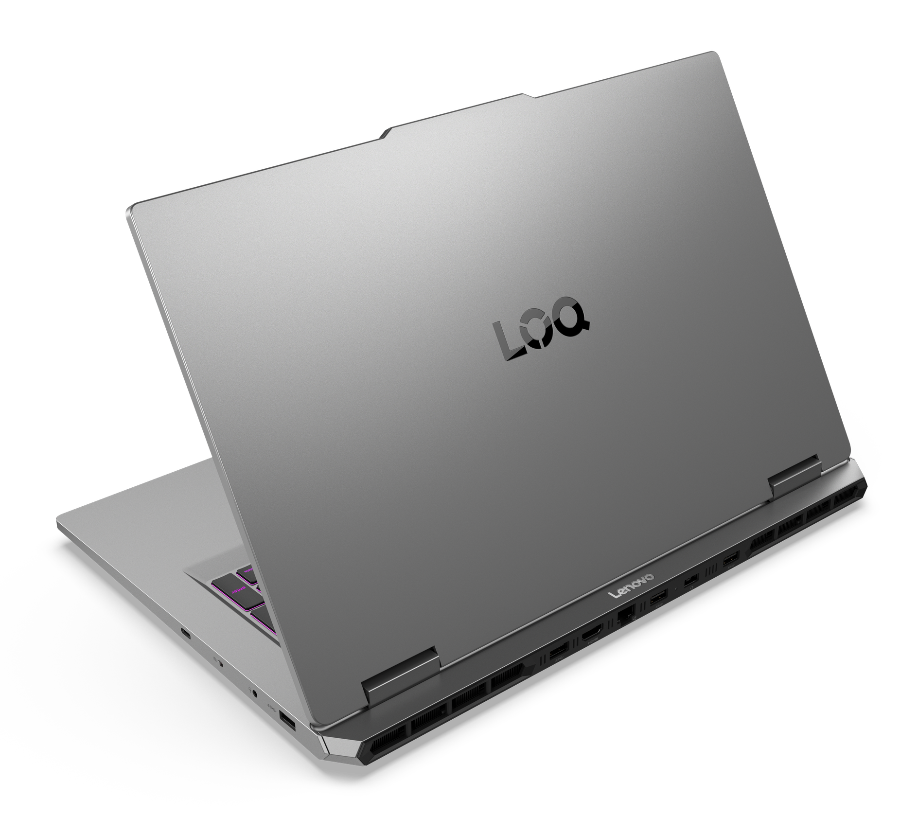 Srebrny laptop Lenovo, częściowo otwarty. Czarne tło. Logo L.O.Q znajduje się na pokrywie.