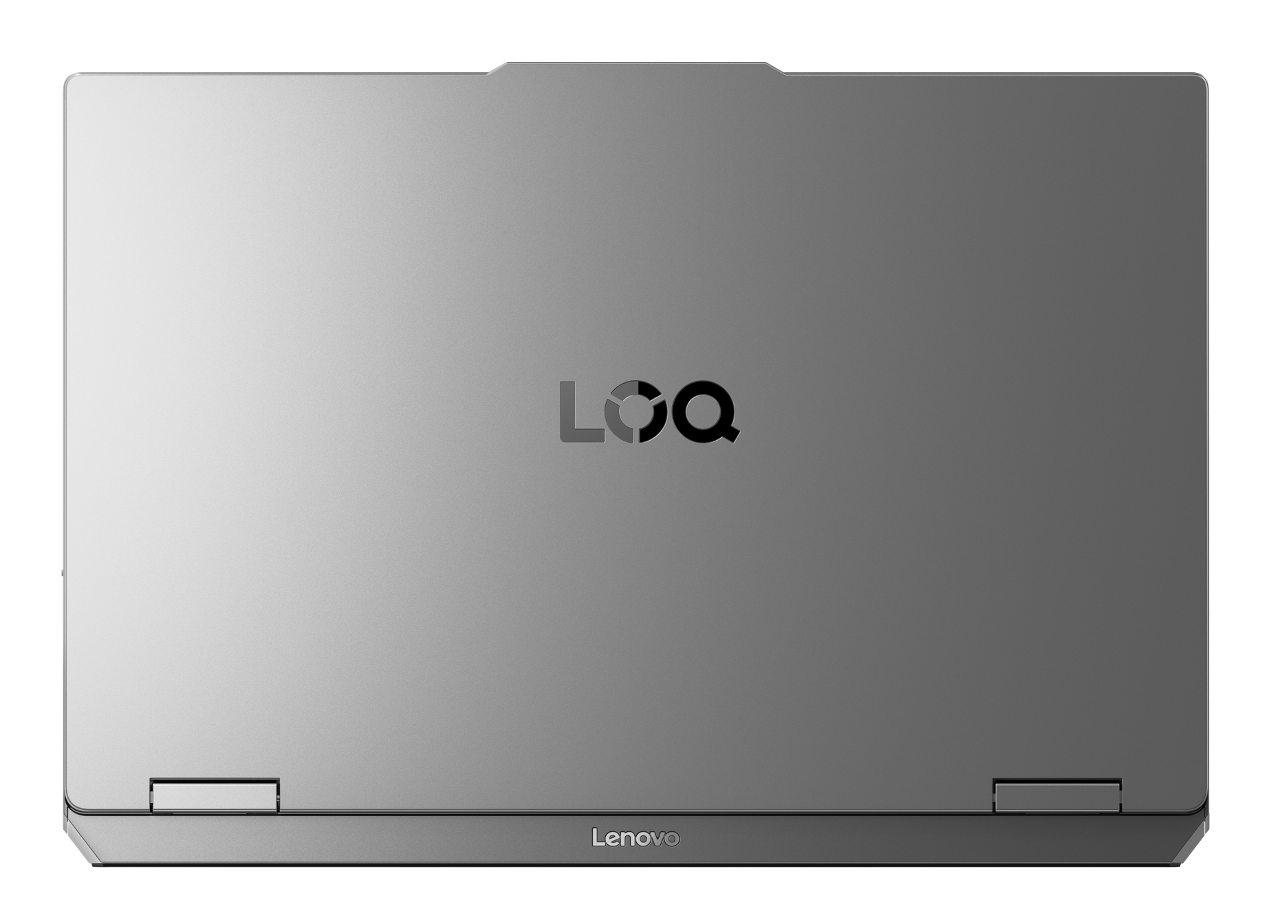 Srebrny laptop Lenovo. Widok z góry pokazuje logo 'LOQ' i markę 'Lenovo'. Zawiasy i czarne tło.