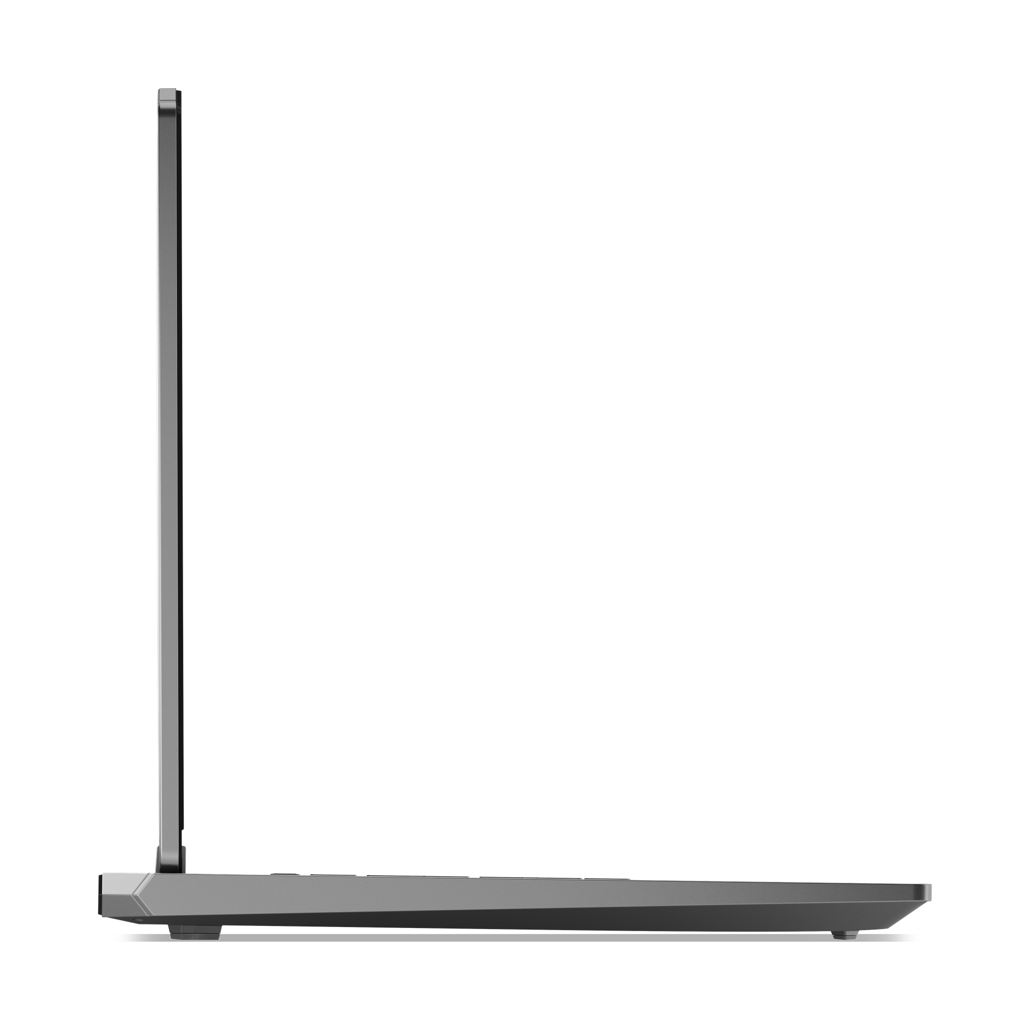 Widok z boku zamkniętego srebrnego laptopa na czarnym tle. Ekran jest zamknięty.