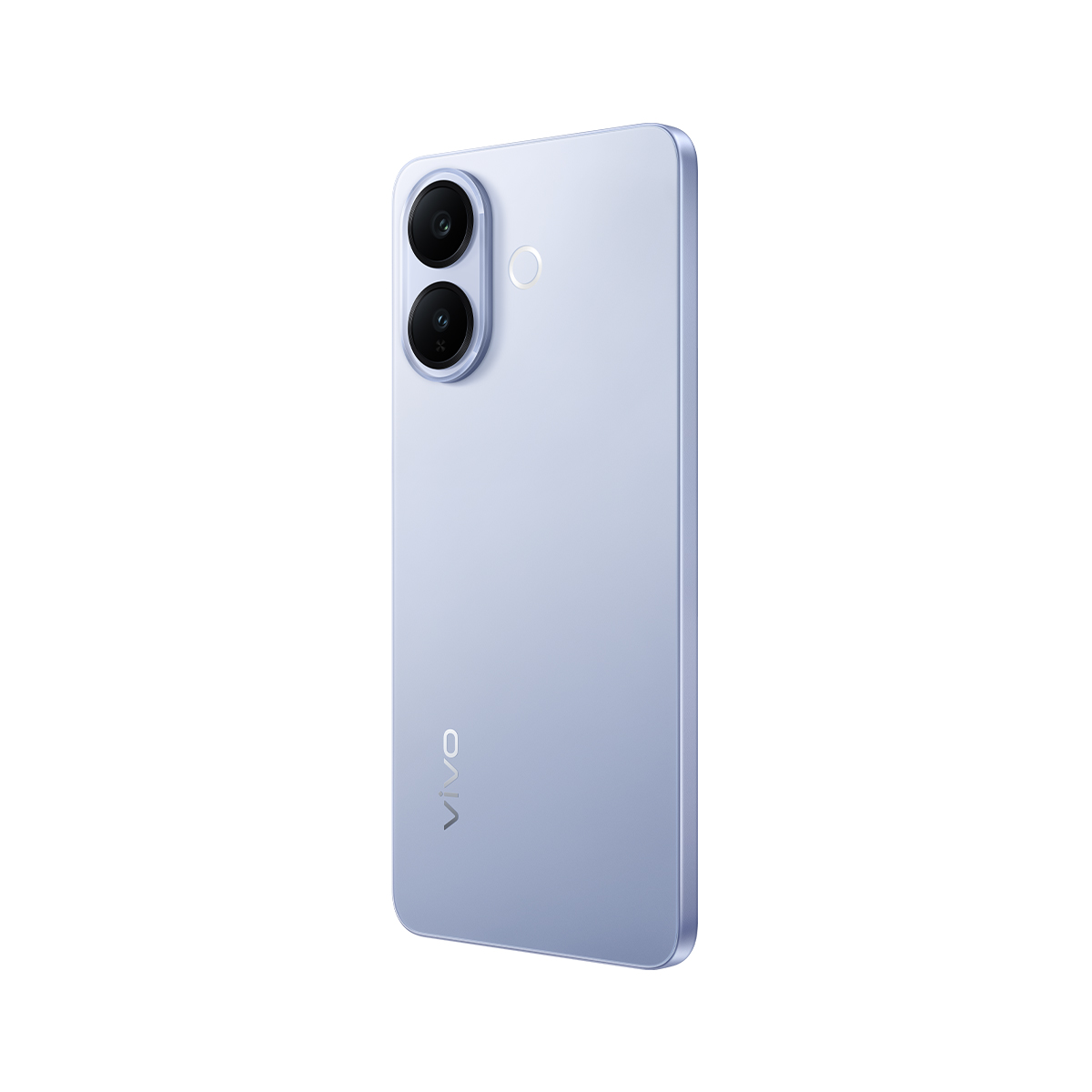 Açık mavi bir Vivo akıllı telefon, hafifçe yana eğilmiş. İki kamera lensi, bir flaşı ve Vivo logosu var.
