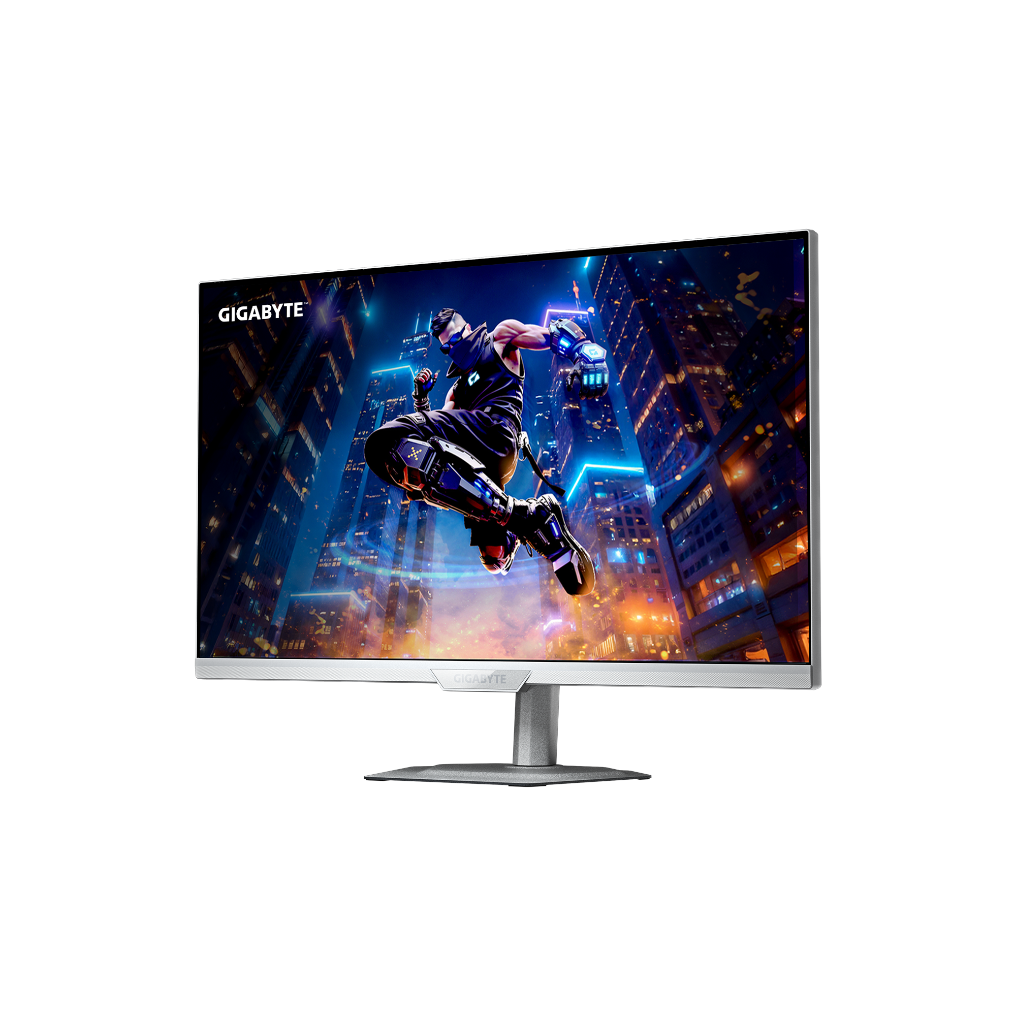 Monitor mit futuristischer Spielszene. Eine Figur springt in die Luft, im Hintergrund eine Stadt. GIGABYTE-Logo sichtbar.