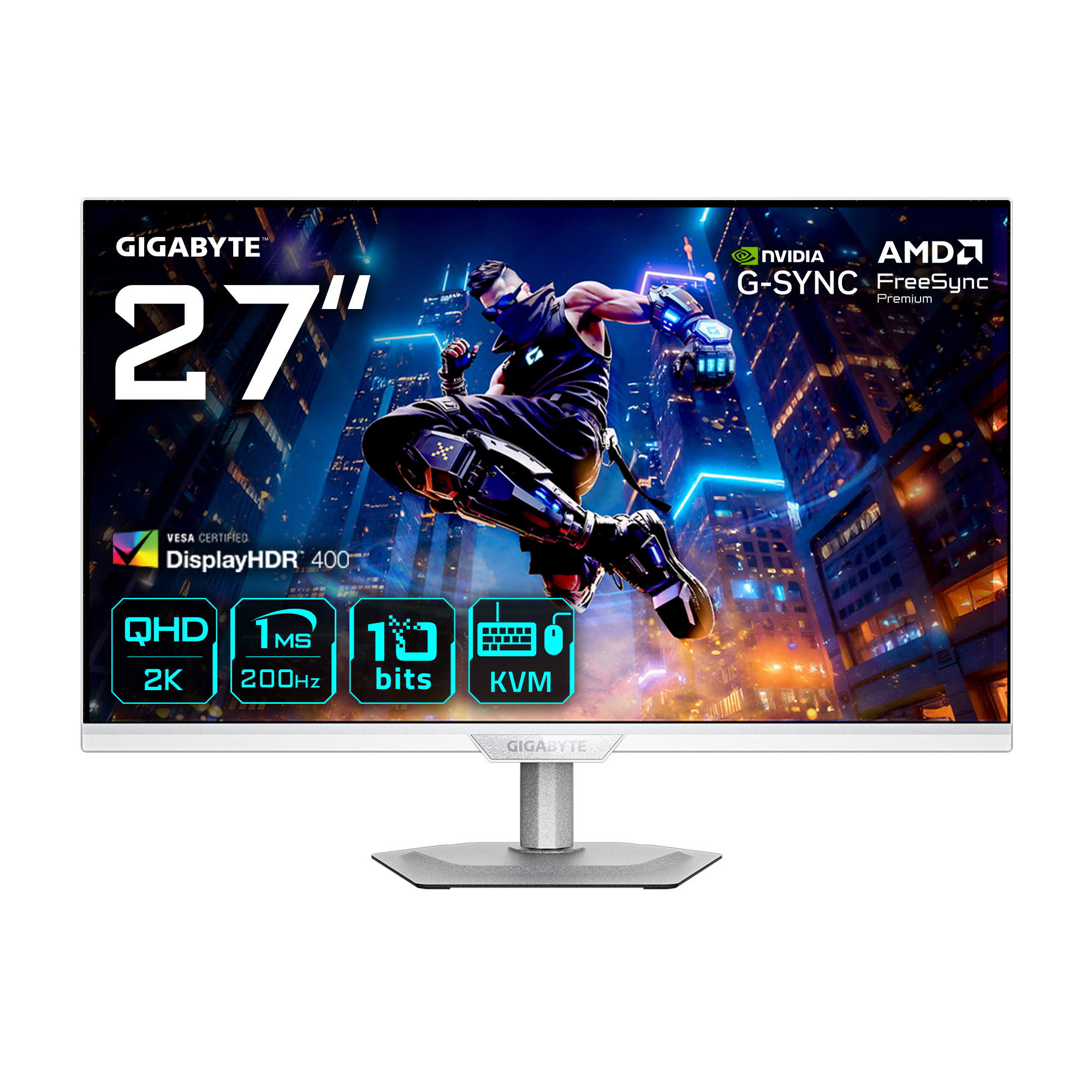 Gigabyte 27" Monitor. Eine Person springt vor einer Skyline. Zu den Merkmalen gehören G-Sync, FreeSync und KVM.